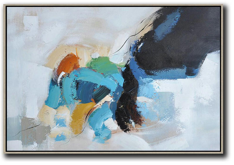 Abstract Oil Painting,Oversized Horizontal Contemporary Art,Handmade Acrylic Painting,White,Black,Grey,Blue,Yellow.Etc